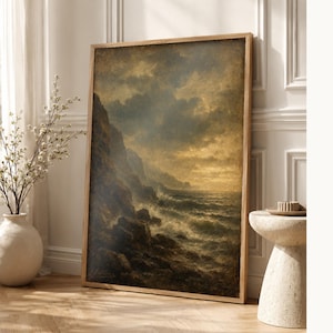 Moody Stormy Rocky Coast Wall Art Print | Vintage Oil Painting Print | Dramatic Seascape Tonalist Decor | Antique Cliff Poster