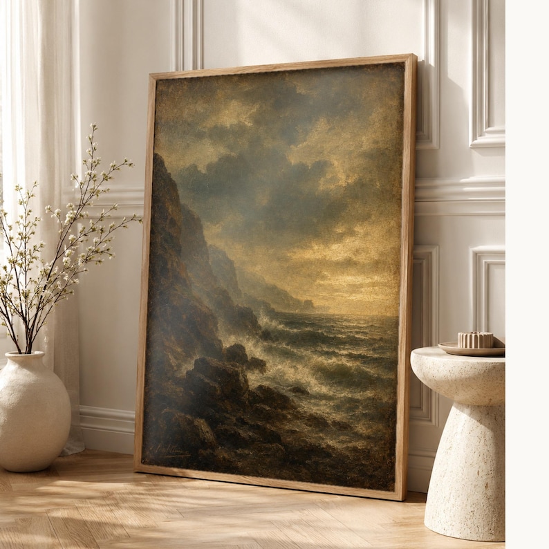 Moody Stormy Rocky Coast Wall Art Print | Vintage Oil Painting Print | Dramatic Seascape Tonalist Decor | Antique Cliff Poster image 1