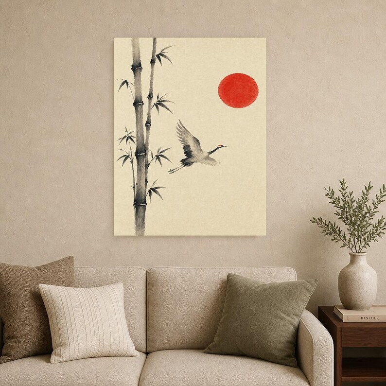 Red Sun Japandi Wall Art Print | Ink Crane and Bamboo | Sumi-e Wabi Sabi Living Room Print image 9