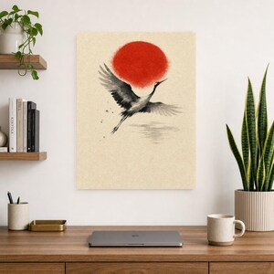 Red Sun Japandi Wall Art Print | Sumi-e Ink Crane Print | Wabi Sabi Living Room Poster image 8