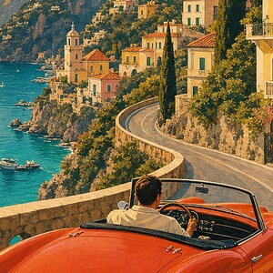 Vintage Car Wall Art Print | Italian Coast Road Trip Poster | Riviera Convertible Print | Dolce Vita Sunset Decor | Mediterranean Travel Art image 3