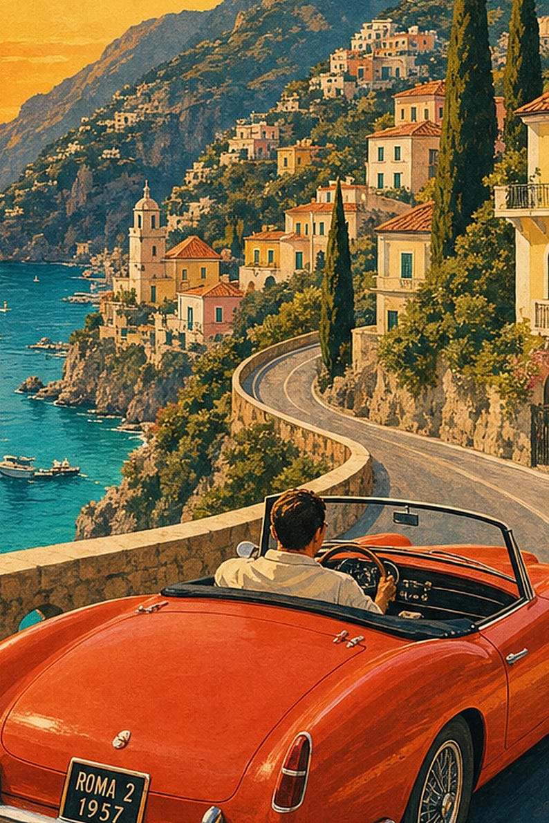 Vintage Car Wall Art Print | Italian Coast Road Trip Poster | Riviera Convertible Print | Dolce Vita Sunset Decor | Mediterranean Travel Art image 3