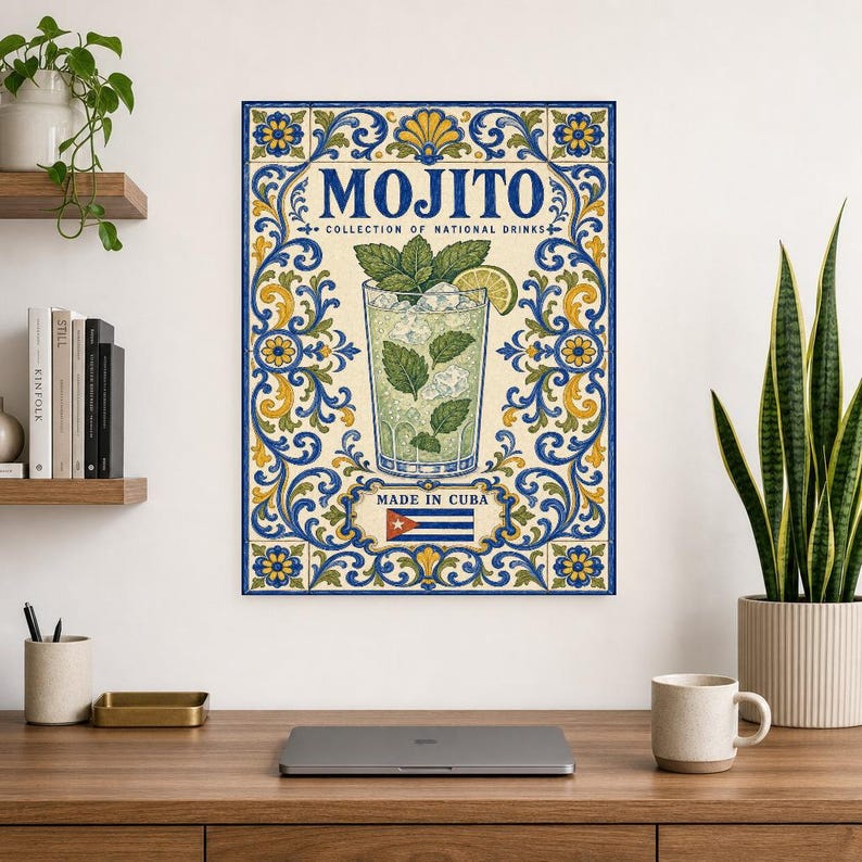 Płytka ścienna z koktajlem Mojito | Kubański plakat narodowy z napojami | Druk koszyka barowego Azulejo | Wystrój kuchni majolikowej zdjęcie 8