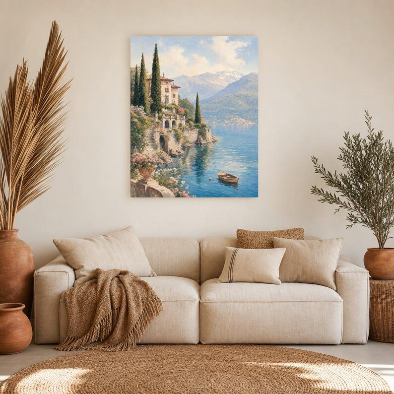 Lake Como Travel Poster | Soft Painting Italy Wall Art | Italian Lake Villa Print | Printed & Shipped image 7