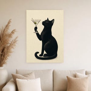 Black Cat Martini Wall Art Print | Olive Cocktail Poster | Bar Cart Print | Funny Black Cat Club Bar Decor image 4