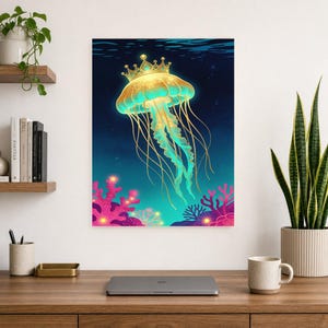 Bioluminescent Jellyfish Poster | Deep Sea Ocean Bathroom Wall Art Print | Dark Coastal Night Print image 10