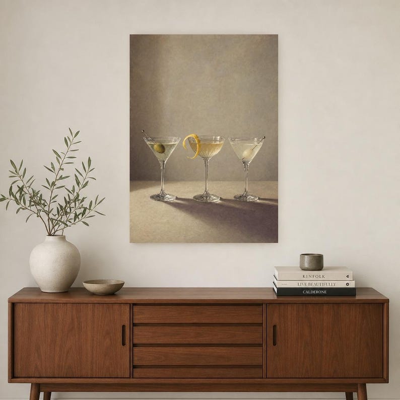 Arte de parede de produtos vidreiros Moody Martini | Do cocktail vida mínima ainda pôster | Impressão de decoração de carrinho de bar | Arte imagem 2