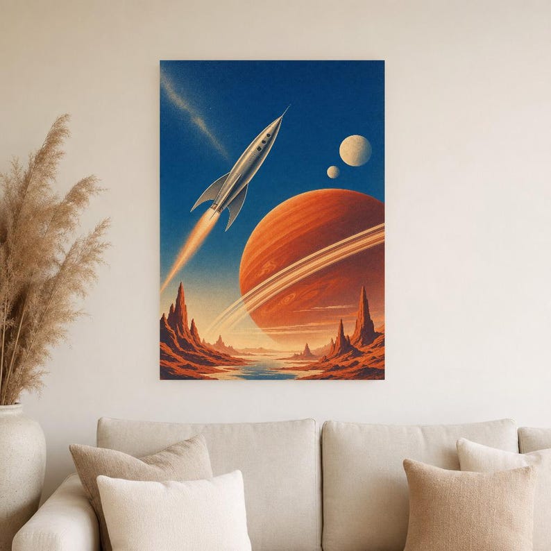 Retro Space Travel Poster | Vintage Sci-Fi Wall Art Print | Crimson Planet Rocket Art | 70s Cosmic Travel Wall Decor image 4