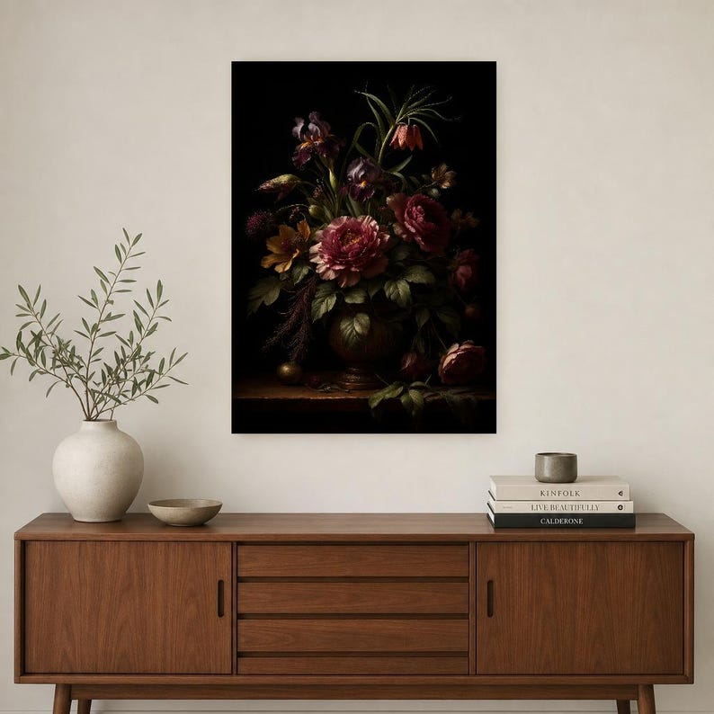 Dark Academia Botanical Wall Art | Moody Plum Floral Poster | Vintage Jewel Tone Study Room Print image 2