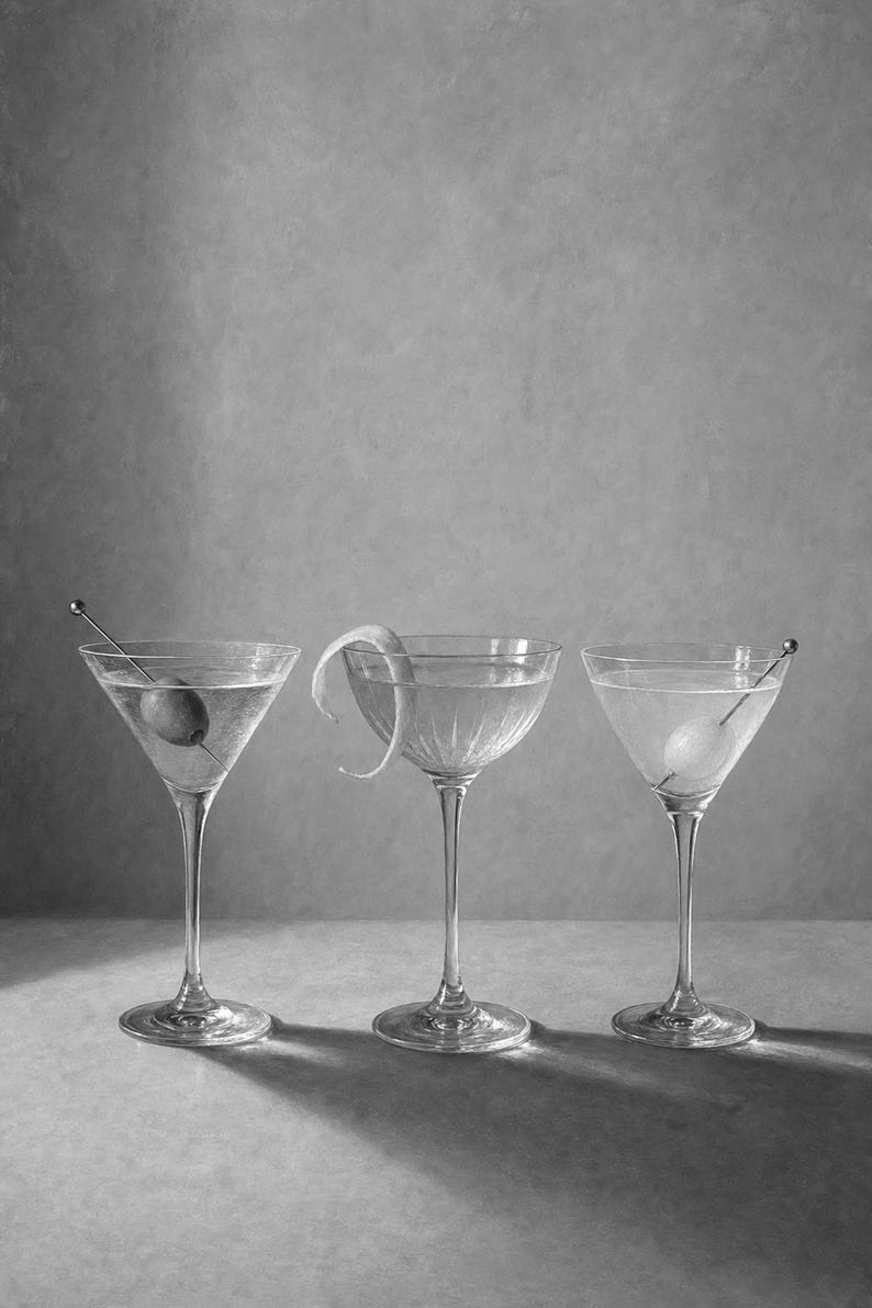 Arte de parede de produtos vidreiros Moody Martini | Do cocktail vida mínima ainda pôster | Impressão de decoração de carrinho de bar | Arte imagem 10
