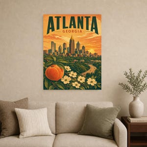 Pôster de viagem de Atlanta | Impressão vintage do horizonte da Geórgia | Arte de parede impressa da Geórgia | Decoração urbana de meados do século imagem 8