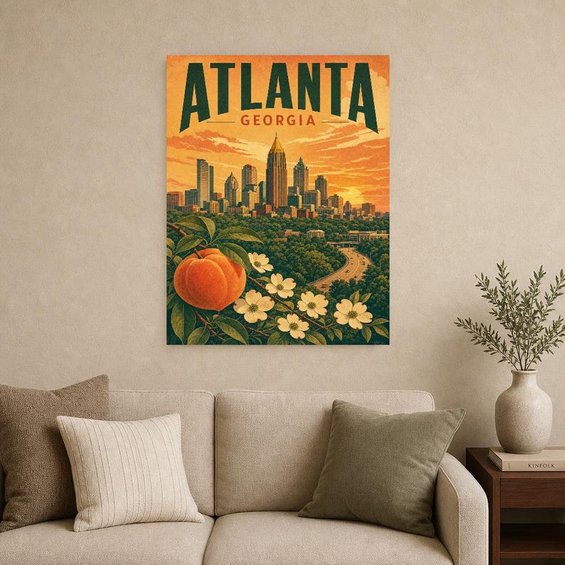 Pôster de viagem de Atlanta | Impressão vintage do horizonte da Geórgia | Arte de parede impressa da Geórgia | Decoração urbana de meados do século imagem 8