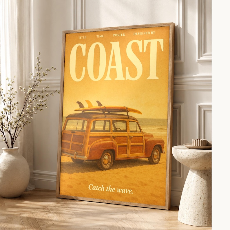 Cartel retro de la costa | Impresión de arte de pared vintage de los años 70 | Impresión de revista estética ? Regalo de decoración retro de imagen 1