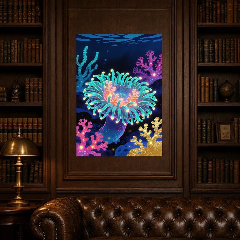Bioluminescent Sea Anemone Poster | Deep Sea Ocean Bathroom Wall Art Print | Dark Coastal Night Print image 4