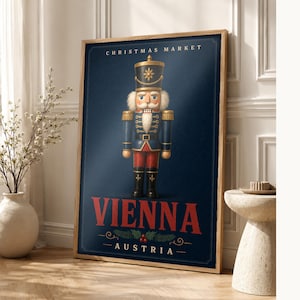 Wiener Weihnachtsmarkt Nussknacker Wandkunst | Österreich Urlaubsposter | Vintage Weihnachtsdruck | Festliches Soldatendekor Bild 1