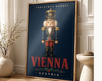 Arte mural del Cascanueces del mercado navideño de Viena | Cartel de vacaciones en Austria | Impresión navideña vintage | Decoración festiva