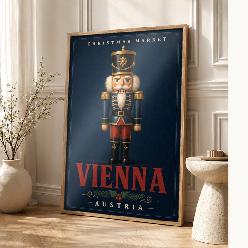 Wiener Weihnachtsmarkt Nussknacker Wandkunst | Österreich Urlaubsposter | Vintage Weihnachtsdruck | Festliches Soldatendekor Bild 1