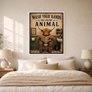 Funny Highland Cow Bathroom Wall Art Print | Wash Your Hands Poster | Vintage Farmhouse Bathroom Print image 6