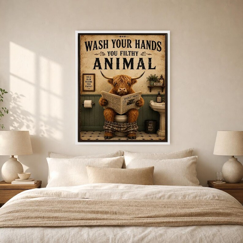 Funny Highland Cow Bathroom Wall Art Print | Wash Your Hands Poster | Vintage Farmhouse Bathroom Print image 6
