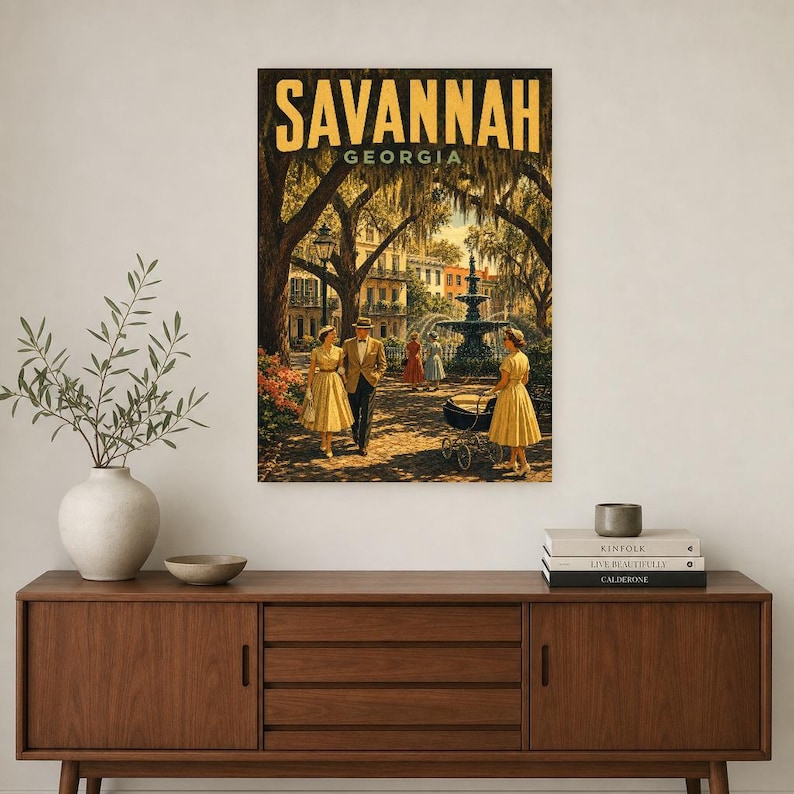 Savannah Travel Poster | Vintage 1950s Spanish Moss Print | Georgia Wall Art Print | Mid Century City Decor image 2