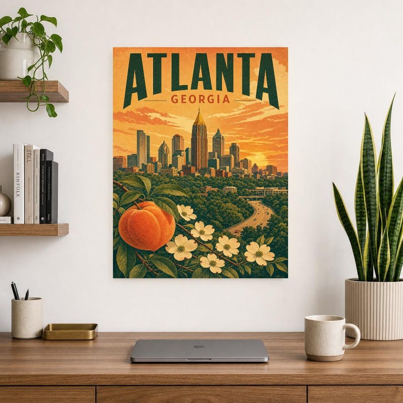 Pôster de viagem de Atlanta | Impressão vintage do horizonte da Geórgia | Arte de parede impressa da Geórgia | Decoração urbana de meados do século imagem 6