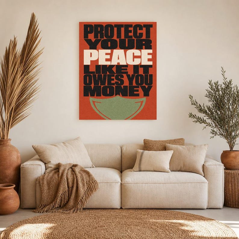 Skydda din fred-poster | Djärv typografisk väggkonsttryck | Självvårdscitattryck | Boho bekräftelsedekor | Gåva för mental hälsa bild 8