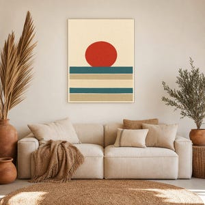 Tomato Red Sun Nordic Lake Wall Art Print | Minimalist Sun Poster | Cut-Paper Mid-Century Print | Gray Blue Scandi Decor image 7