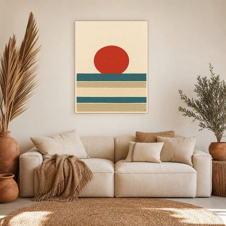 Tomato Red Sun Nordic Lake Wall Art Print | Minimalist Sun Poster | Cut-Paper Mid-Century Print | Gray Blue Scandi Decor image 7