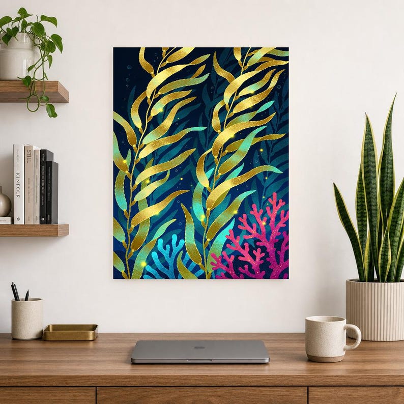 Bioluminescent Kelp Forest Poster | Deep Sea Ocean Bathroom Wall Art Print | Dark Coastal Night Print image 13