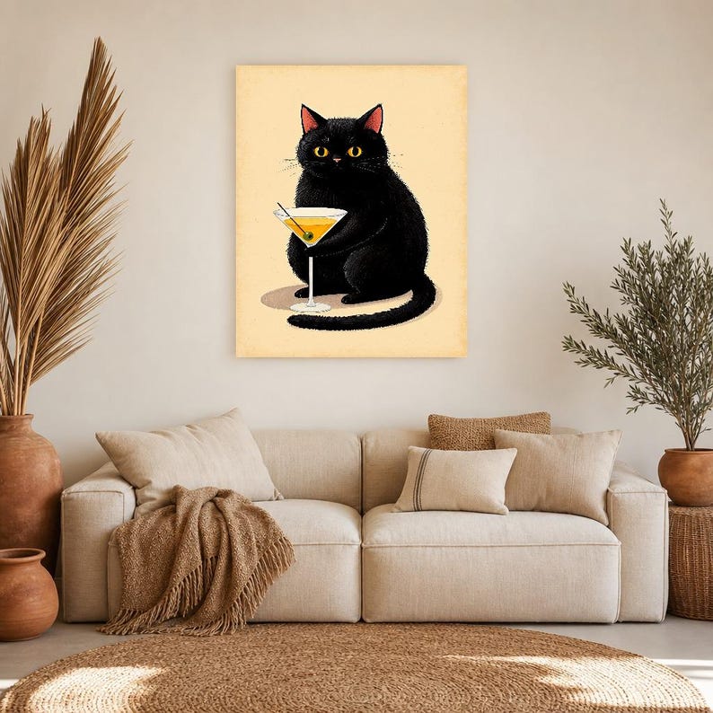 Black Cat Cocktail Wall Art | Funny Martini Bar Cart Poster | Retro Kitchen Bar Print image 6