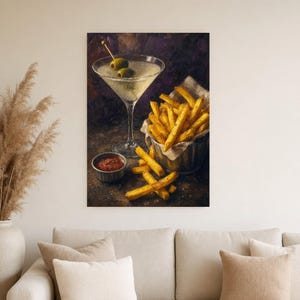 Vuile Martini frietjes kunst aan de muur | Late Night voedsel stilleven poster | Barwagen decor print | Cocktail kunst aan de muur afbeelding 4