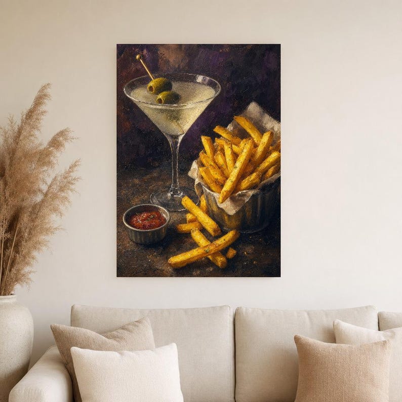 Vuile Martini frietjes kunst aan de muur | Late Night voedsel stilleven poster | Barwagen decor print | Cocktail kunst aan de muur afbeelding 4