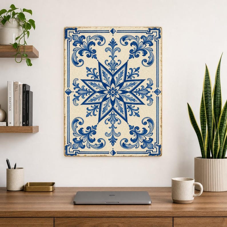 Azulejo Tile Wall Art | Classic Blue & White Maiolica Poster | Portuguese Ceramic Print | Mediterranean Kitchen Decor | No Text Boho Art image 8