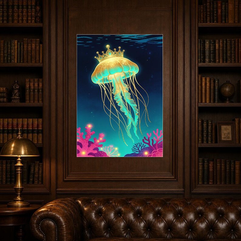 Bioluminescent Jellyfish Poster | Deep Sea Ocean Bathroom Wall Art Print | Dark Coastal Night Print image 4
