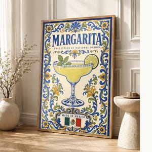 Margarita Cocktail Tile Wall Art Print | Mexico National Drink Poster | Azulejo Bar Cart Print | Maiolica Kitchen Decor image 1