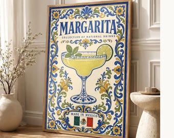 Margarita Cocktail Tile Wall Art Print | Mexico National Drink Poster | Azulejo Bar Cart Print | Maiolica Kitchen Decor
