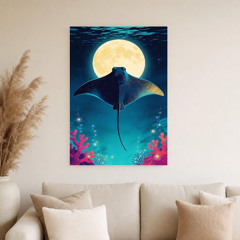Bioluminescent Manta Ray Poster | Deep Sea Ocean Bathroom Wall Art Print | Dark Coastal Night Print image 2