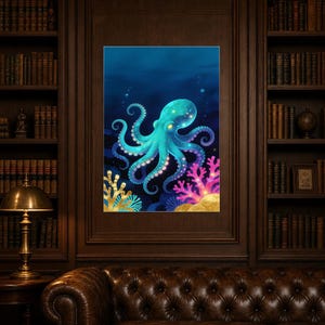 Bioluminescent Octopus Poster | Deep Sea Ocean Bathroom Wall Art Print | Dark Coastal Night Print image 7