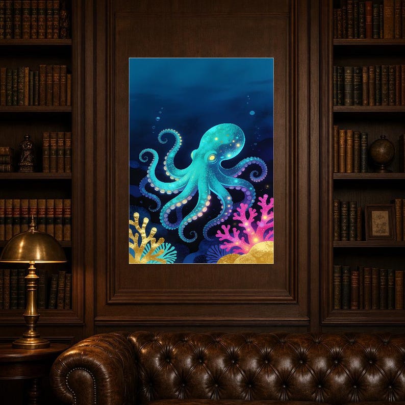 Bioluminescent Octopus Poster | Deep Sea Ocean Bathroom Wall Art Print | Dark Coastal Night Print image 7