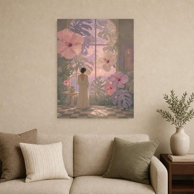Surreal Botanical Wall Art Print | Dreamscape Flower Window Poster | Soft Surrealism Art | Pink Lavender Sage Wall Decor image 9