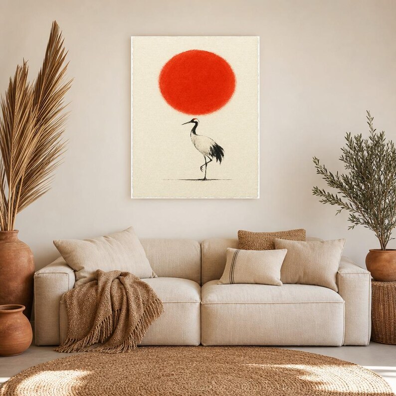 Minimale Rote Sonne Japandi Wandkunst | Einzelkran-Tintendruck | Zen-Wandkunst-Poster Bild 7