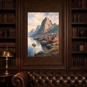 Lofoten Travel Poster | Soft Painting Norway Wall Art | Queen Fjord Fishing Village Print | Printed & Shipped image 5
