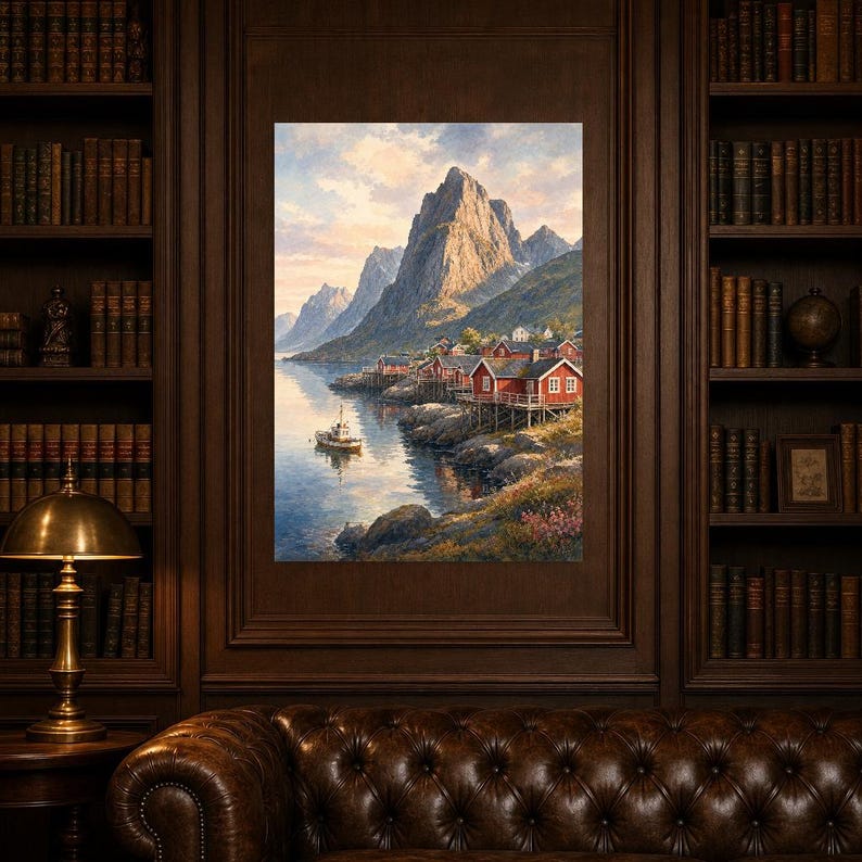 Lofoten Travel Poster | Soft Painting Norway Wall Art | Queen Fjord Fishing Village Print | Printed & Shipped image 5