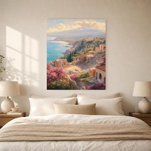 Taormina Travel Poster | Soft Painting Sicily Italy Wall Art | Coastal Etna View Print | Printed & Shipped image 6