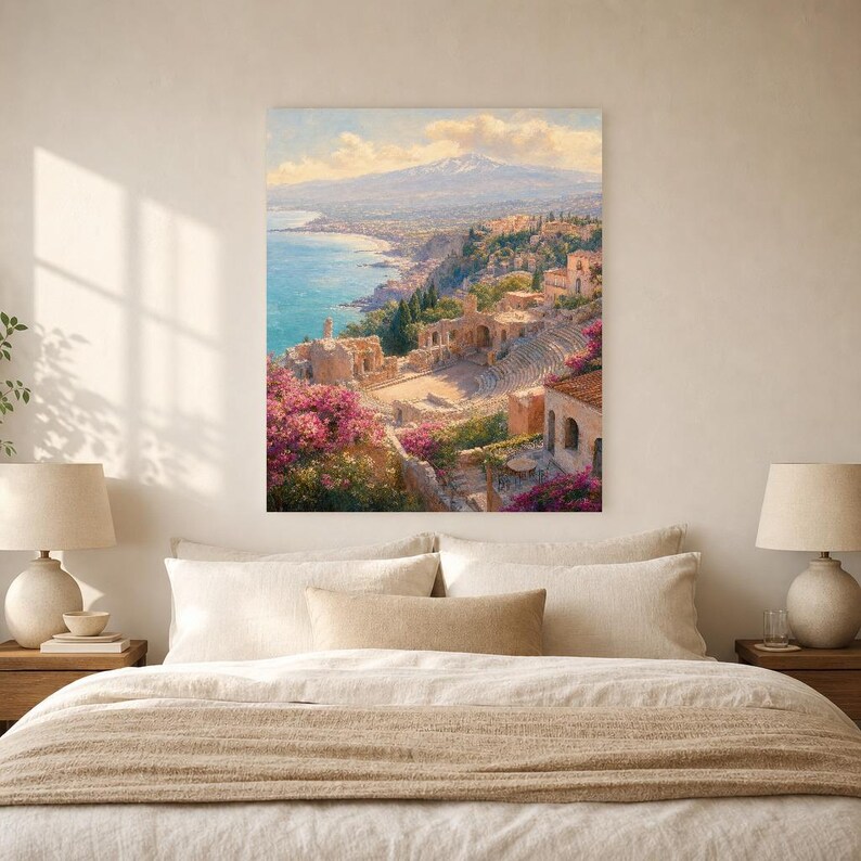 Taormina Travel Poster | Soft Painting Sicily Italy Wall Art | Coastal Etna View Print | Printed & Shipped image 6