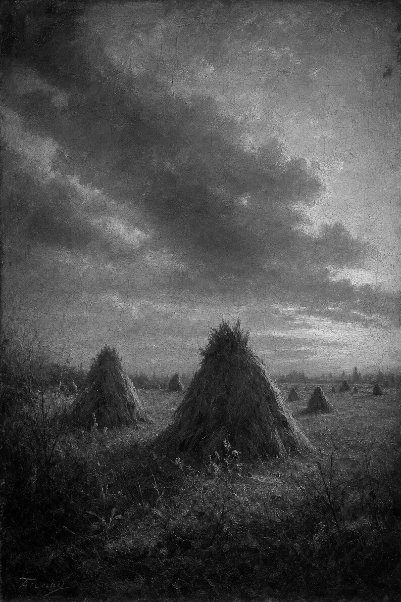 Moody Harvest Field Haystacks Wall Art Print | Vintage Oil Painting Print | Faded Golden Light Tonalist Decor | Antique Farm Poster image 10