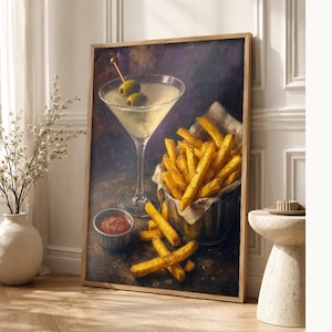 Vuile Martini frietjes kunst aan de muur | Late Night voedsel stilleven poster | Barwagen decor print | Cocktail kunst aan de muur afbeelding 1