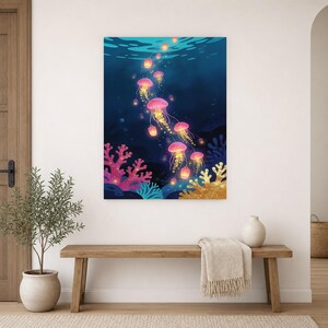 Bioluminescent Jellyfish Poster | Deep Sea Ocean Bathroom Wall Art Print | Dark Coastal Night Print image 14
