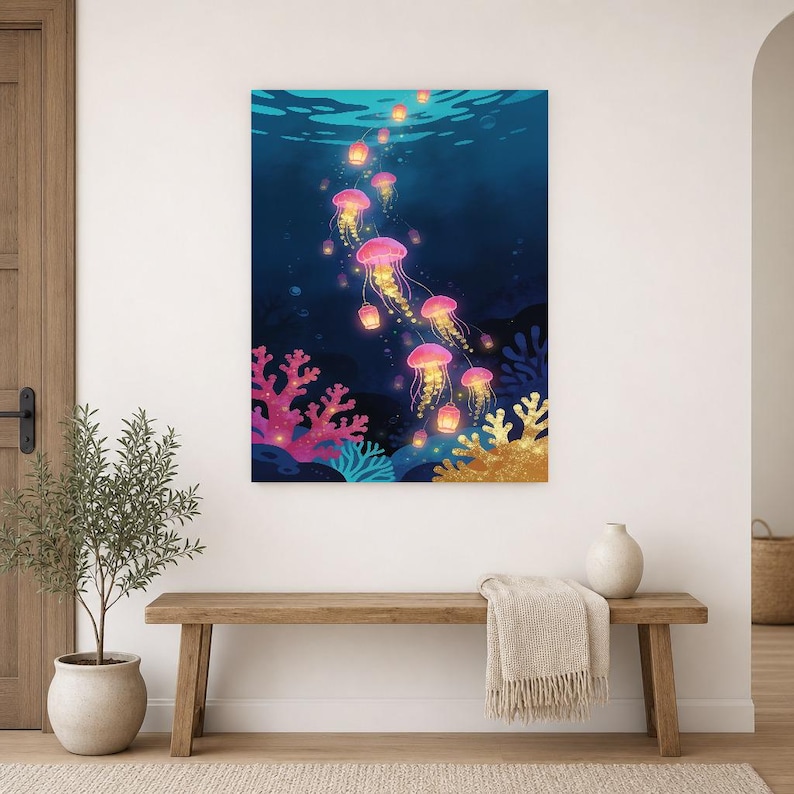 Bioluminescent Jellyfish Poster | Deep Sea Ocean Bathroom Wall Art Print | Dark Coastal Night Print image 14