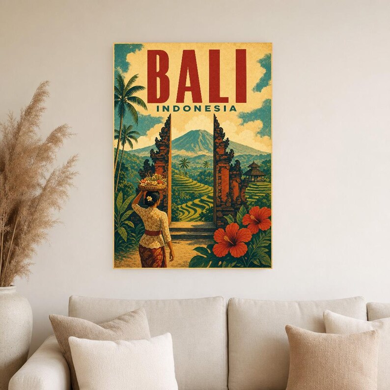 Bali Travel Poster | Vintage Rice Terraces Print | Indonesia Wall Art | Printed & Shipped image 4